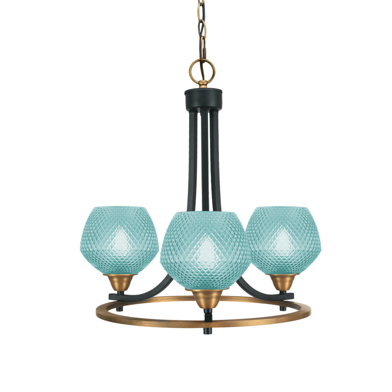Lustre 3 lumières Allexus en verre turquoise mat noir et laiton 6 po, Noir mat / laiton, Sarcelle