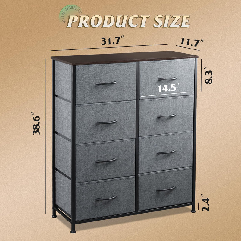 Tall Fabric Dresser With 8 Drawers For Bedroom Storage Tower With Fabric Bins, Double Dresser, Gray