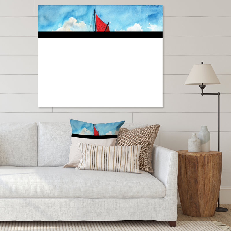 Voilier avec voiles rouges sur l'océan bleu - Peinture sur toile, H 16 po x l 32 po, Toile tendue