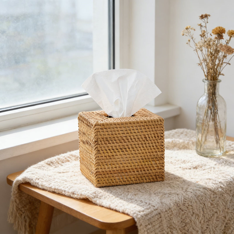 Couvercle de boîte à mouchoirs en rotin tissé à la main, support carré en osier naturel pour papiers-mouchoirs, conception à fond ouvert pour une recharge facile, décor de maison et de bureau rustique