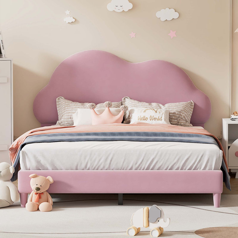 Upholstered Cloud-Shape Bed ,Velvet Platform Bed, Full, Pink