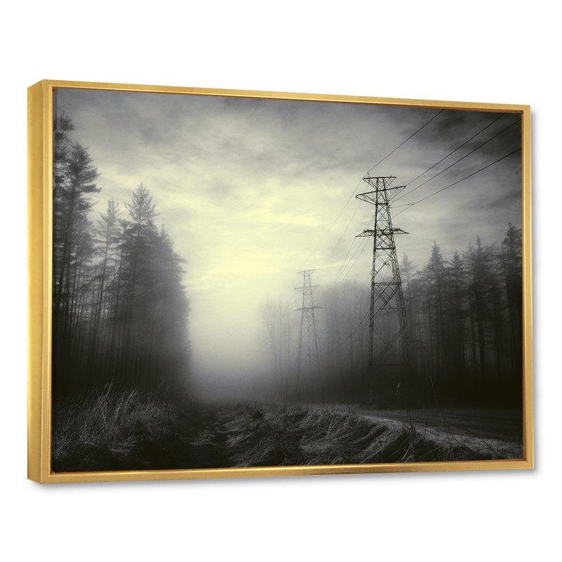 Lignes électriques brouillard d'hiver I, Cadre flottant doré, H 30 po x l 40 po