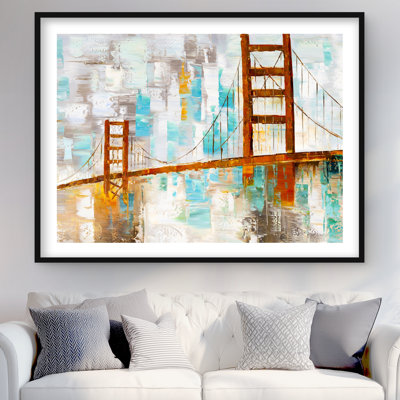 Golden Gate avec taches de peinture turquoise | Reproduction encadrée avec passe-partout