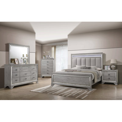 Iy Gray LED Upholstered Panel Bedroom Set Special 5 Bed Dresser Mirror Nightstand Chest -  Canora Grey, 2867EC013A9147D5AB524EDE13F0B63A