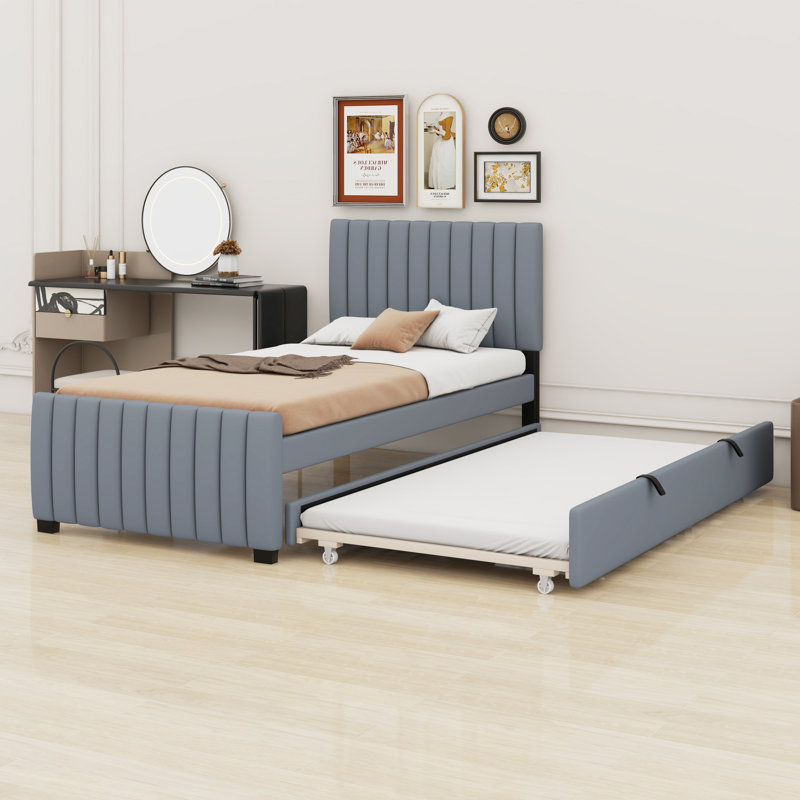 Upholstered Platform Bed With Trundle, Gray