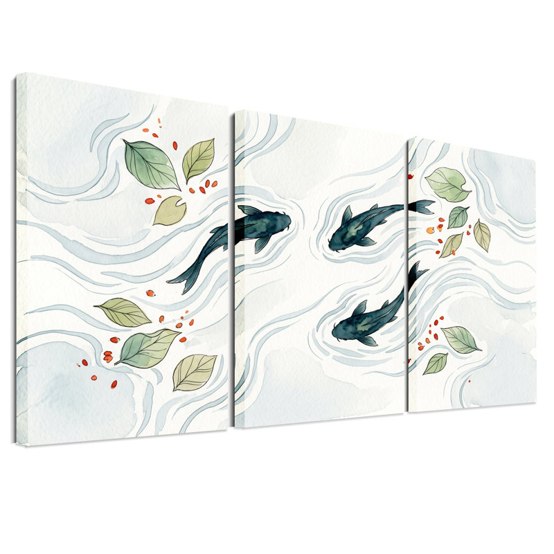 «Three Koi Fish in Flowing Water with Leaves», ensemble de 3 toiles murales, H 30 po x l 20 po x 3 pièces