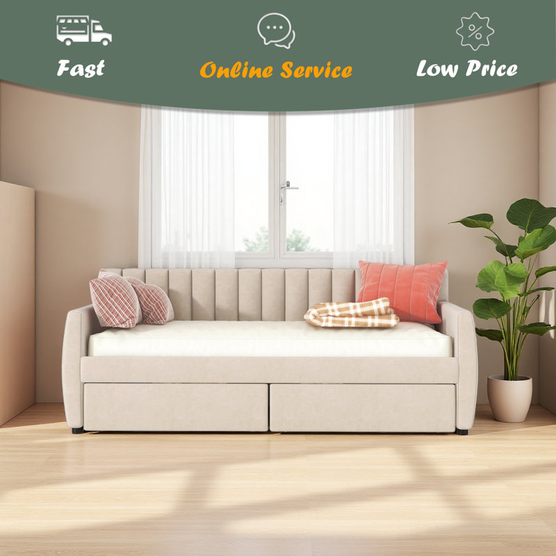 Twin Size Upholstered Daybed With Drawers, Wood Slat Support,, Beige