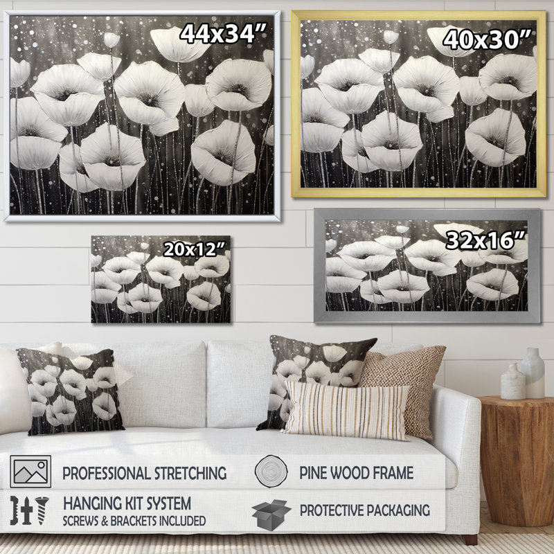 Coquelicots gris argent sérénité, Cadre flottant doré, H 12 po x l 20 po x P 1 po