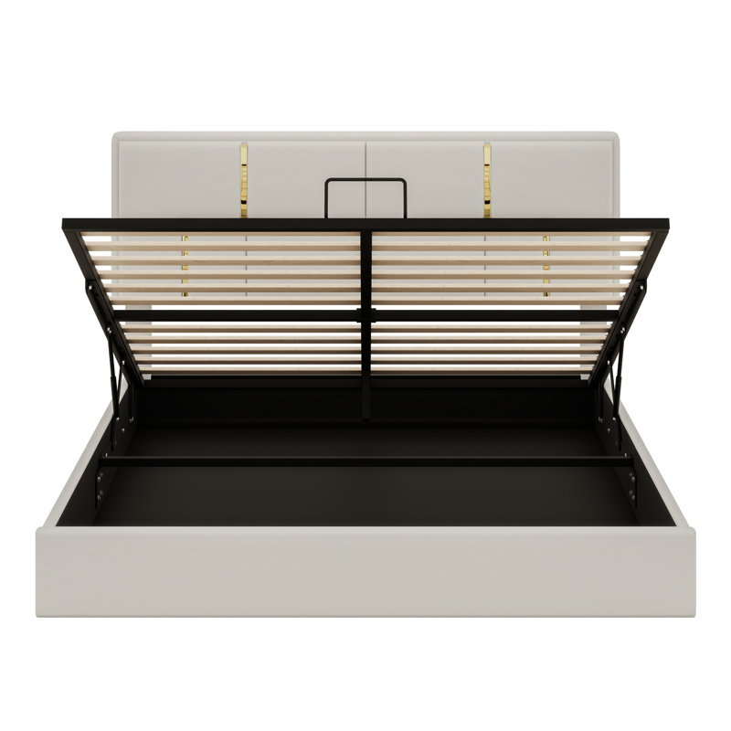 Lit plateforme tapissier avec système de rangement hydraulique, Beige
