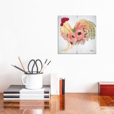 Floral Rooster on White 1 Piece Wrapped Canvas Wall Art