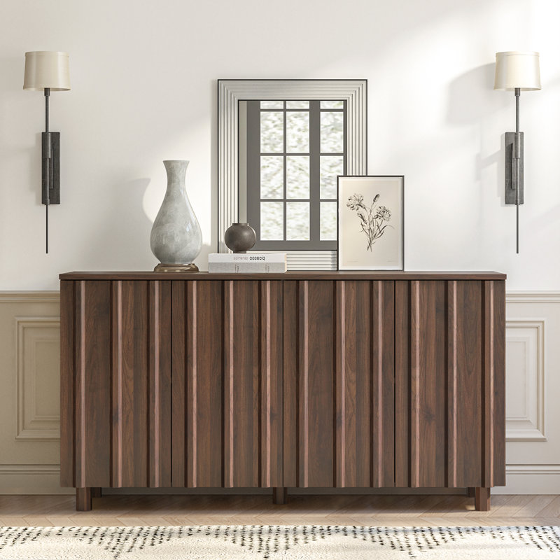59" Fluted Sideboard With Storage, Large Buffet Cabinet With 4 Doors For Kitchen And Living Room, Brown