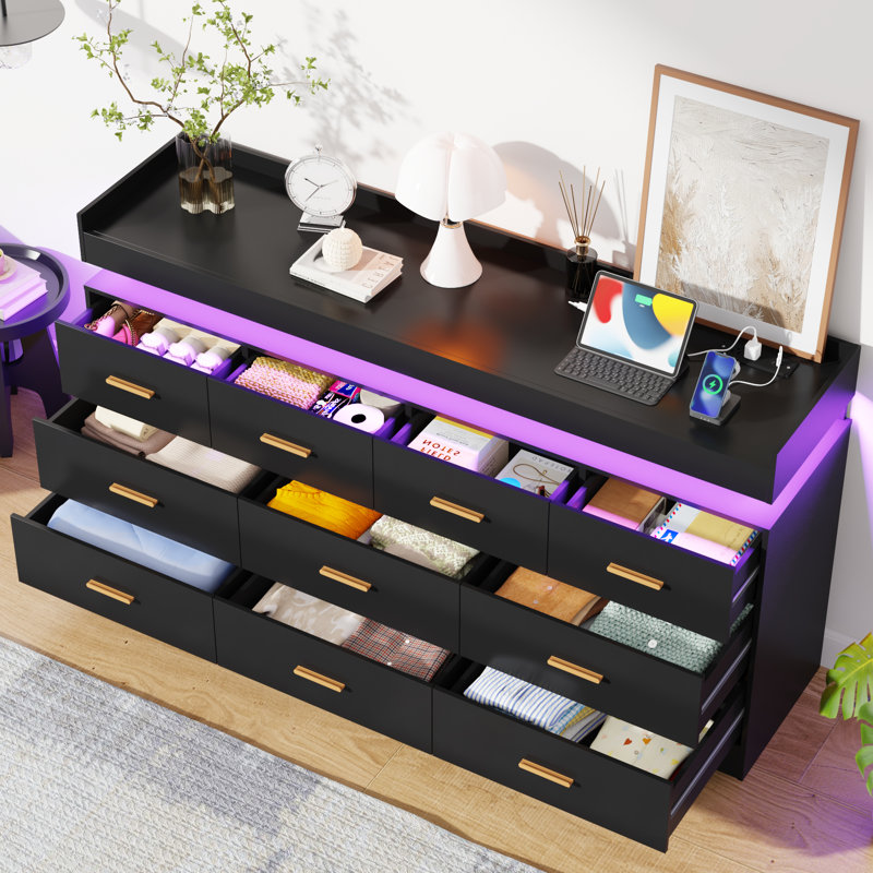 10 Drawer 63" W Dresser With Charging Station And LED Lights, Black
