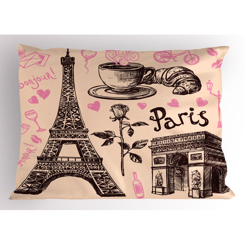 Ambesonne Eiffel Tower Pillow Sham 2 Pack Bakery in Paris Eiffel 36"x20" Pink Dark Brown