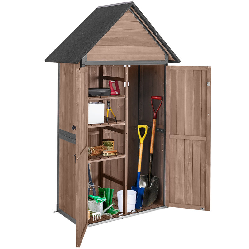 Dark Brown Fir Wood Outdoor Storage Shed with Shelving