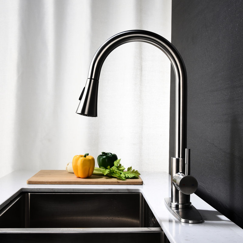 Brushed Nickel Kitchen Faucet With Pull Out Spray, Stainless Steel Fabricated, 360 Rotating Nozzle For Simple Water Access, Single Handle Control Procedure In Finish, Easy Reach, Option