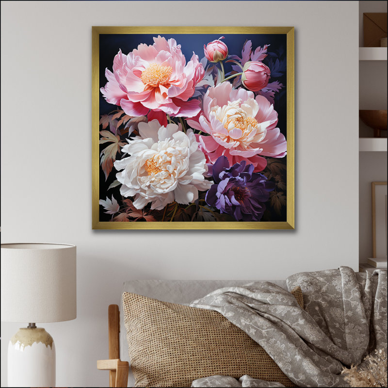 Art asiatique pivoines en rose II - impression, H 16 po x l 16 po x P 1 po, Cadre doré à une seule photo