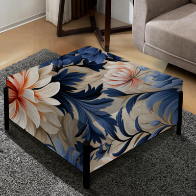Blue And Beige Artful Damask Flowers - Floral Large Square Ottoman
