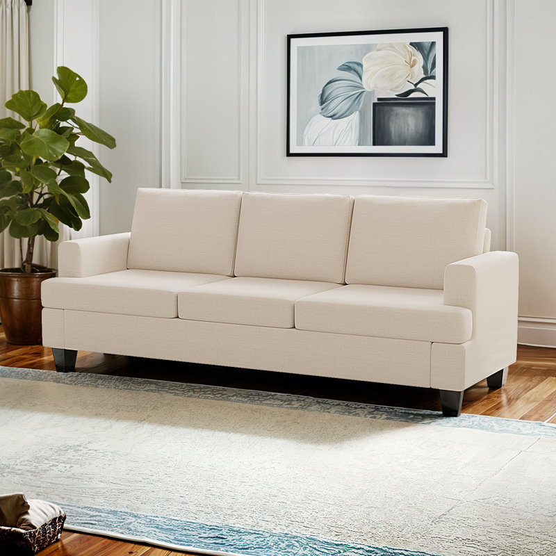  Morden Standard Upholstered Minimalist Linen 3 Seaters Sofa, Beige, 29.13" H x 84.65" W x 32.28" D