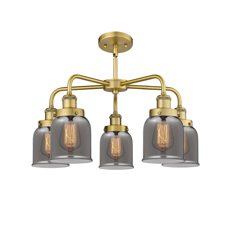 Lustre en verre à 5 lumières Bell, Plaqué couleur fumée, Laiton brossé