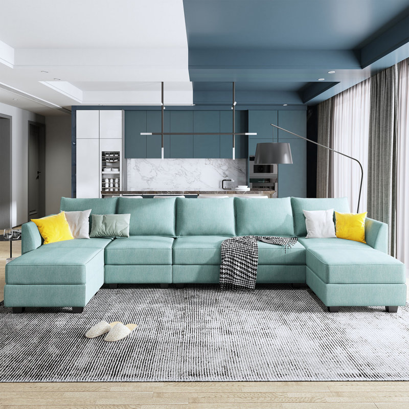 Canapé modulaire réversible d'angle en U avec siège et rangement, Mélange de polyester bleu