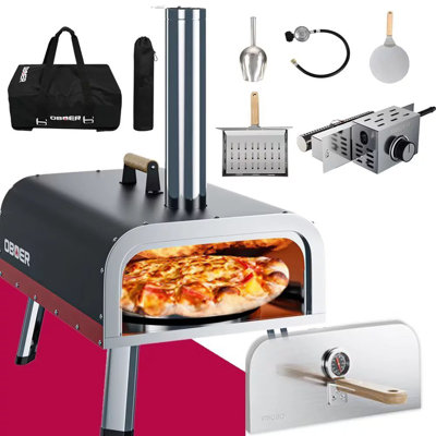 Outdoor Multi-Fuel Rotatable Portable Wood Fired and Gas Pizza Oven, Stainless Steel 3-Layer with Built-in Thermometer,Pizza Cutter & Carry Bag