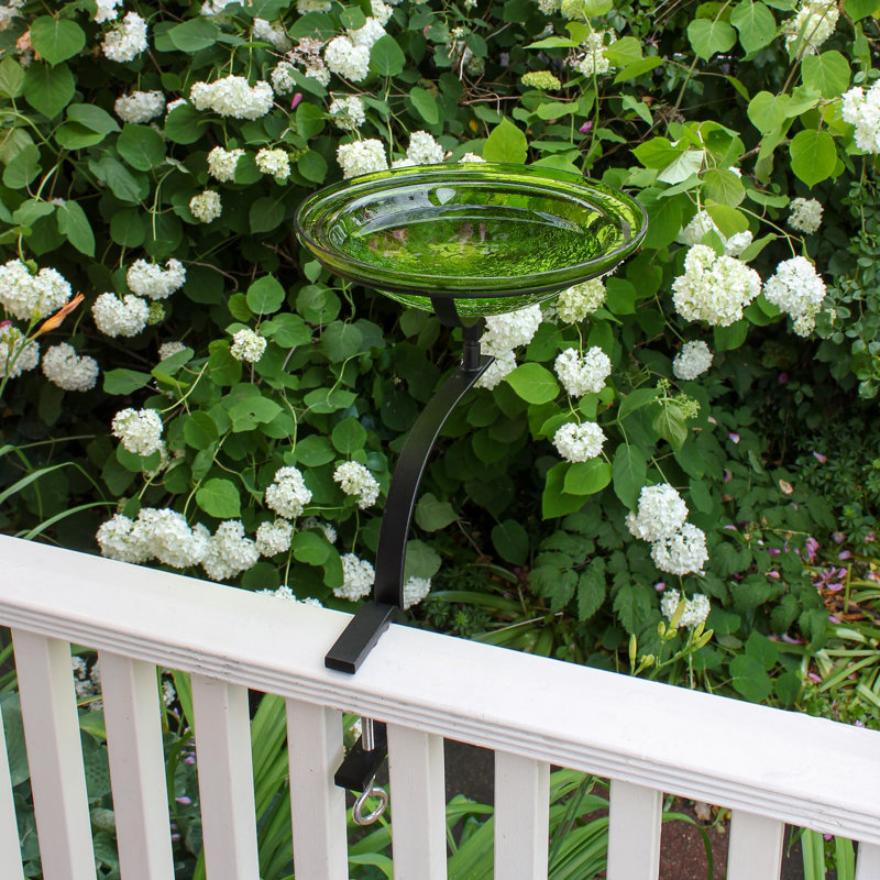 Fern Green Crackle Glass Birdbath with Rail Mount Bracket