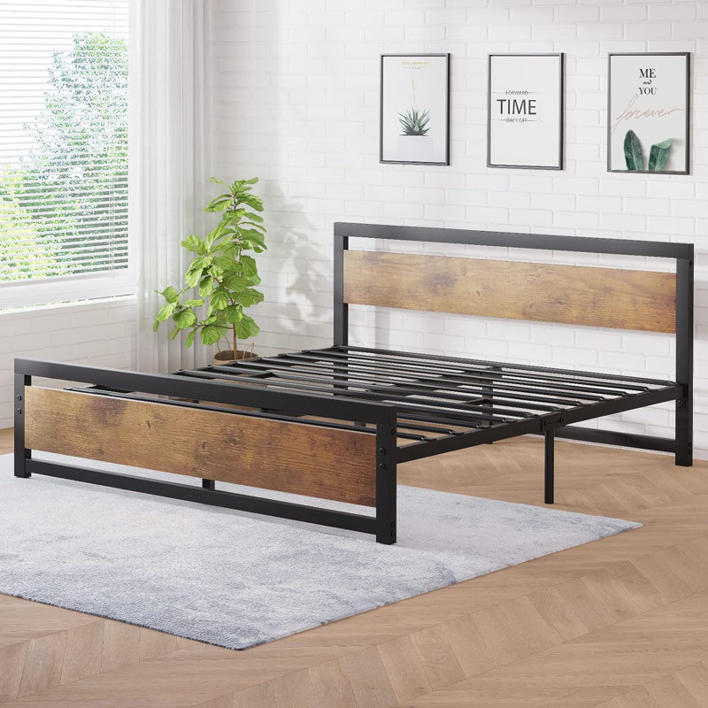 Bed Frame, Industrial Platform Bed With Headboard Footboard, Metal And Wooden Bed Frame, Heavy Duty Steel Slats Support, No Box Spring Needed Non-Slip Noise Free, Rustic Brown