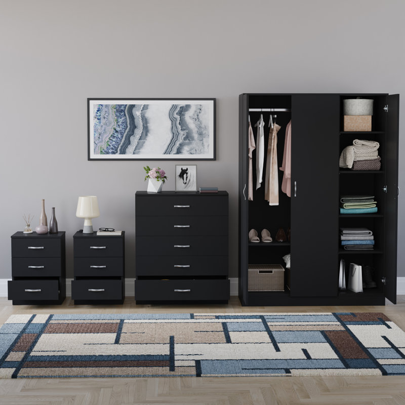 Tayce 4 Piece Bedroom Set (3 Drawer Bedside Chest X2, 5 Drawer Chest, 3 Door Wardrobe), Black