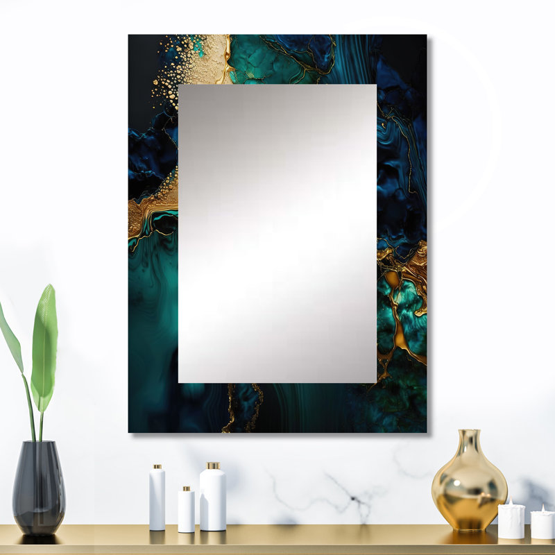 Abstract Geode Marble Green And Gold - Marble Decorative Mirror, Gold Large Wall Mirror, Printed Metal Art, 32" x 24"