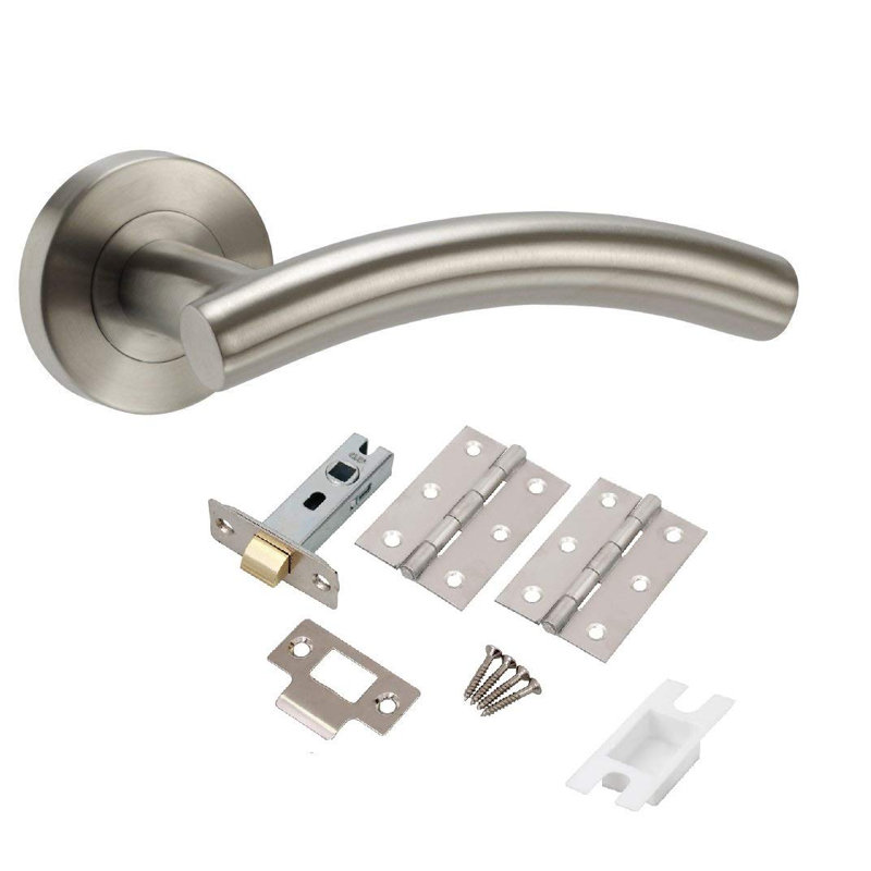 Golden Grace 1 Sets Arched T-Bar Door Handles on Round Rose in Satin Nickel Finish with Latch and Ball Bearing Hinges