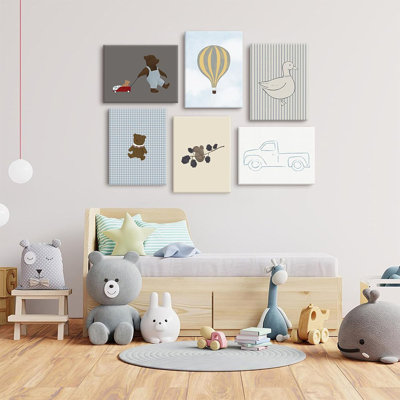 Boy Nursery Wall Art Baby Room Canvas Wall Decor Vintage Adventure Nursery Prints Teddy Bear Boy Poster Toddler Wall Art Blue Pictures Hot Air Balloon Painting for Bedroom 12x16x6 Inch Ready to Hang