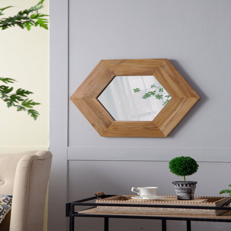 Miroir hexagonal 18,5 "x 18,5" avec cadre en bois naturel, décoration murale, Marron clair