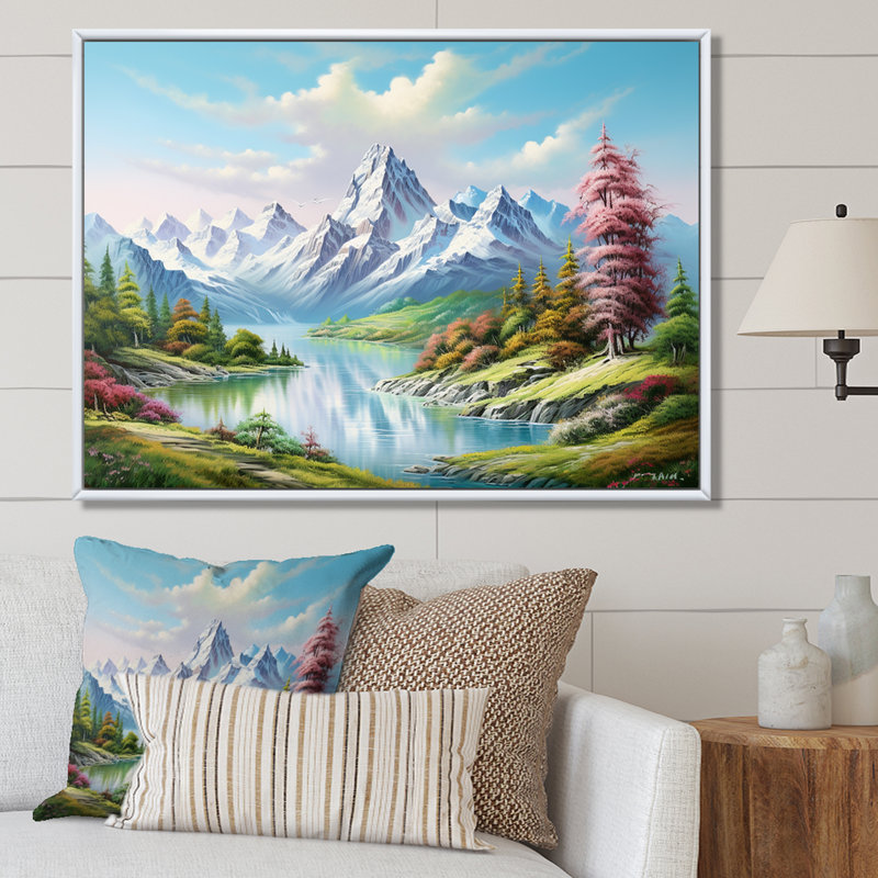 Paysage de rêve sur un lac de montagne sur toile, Cadre naturel flottant, 12" H x 20" W