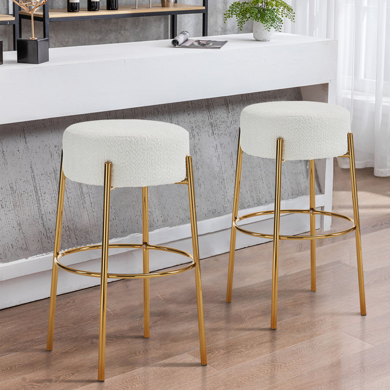 Upholstered Counter Stool with Metal Frame, Gold, White