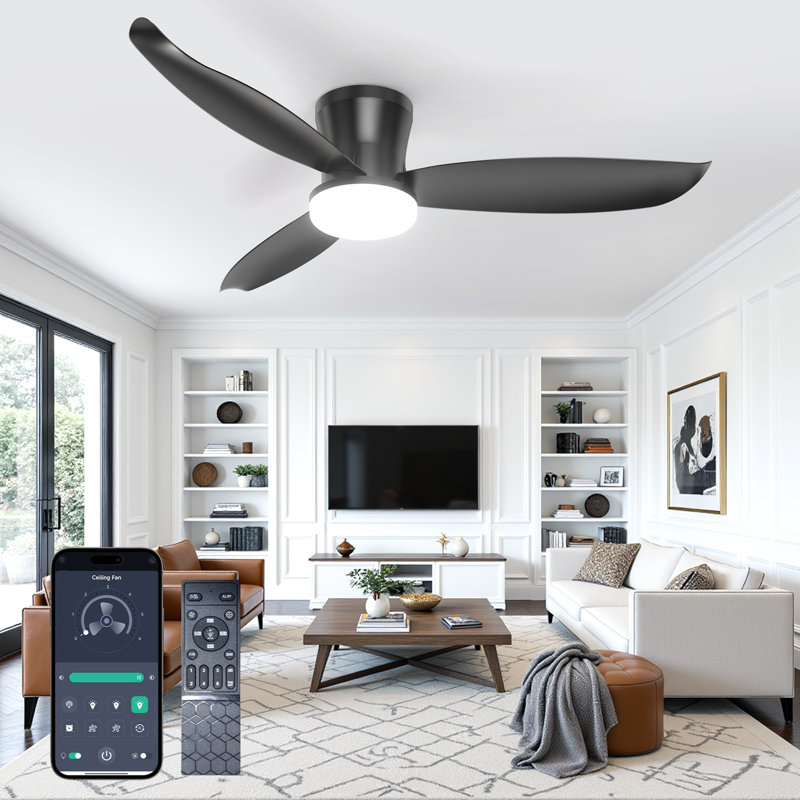Modern Ceiling Fan with Light and Remote/App Control, 3 Color Temperatures LED, 6 Speed Quiet DC Motor, Reversible, Dimmable, Timer, Black Blades, Black Housing, Living Room Bedroom