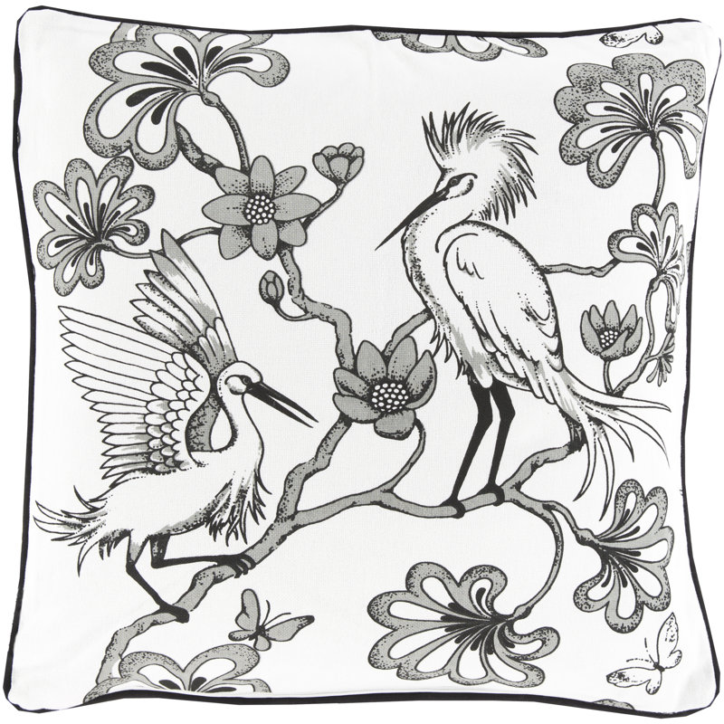 Egrets Floral Cotton Pillow Cover, Charcoal