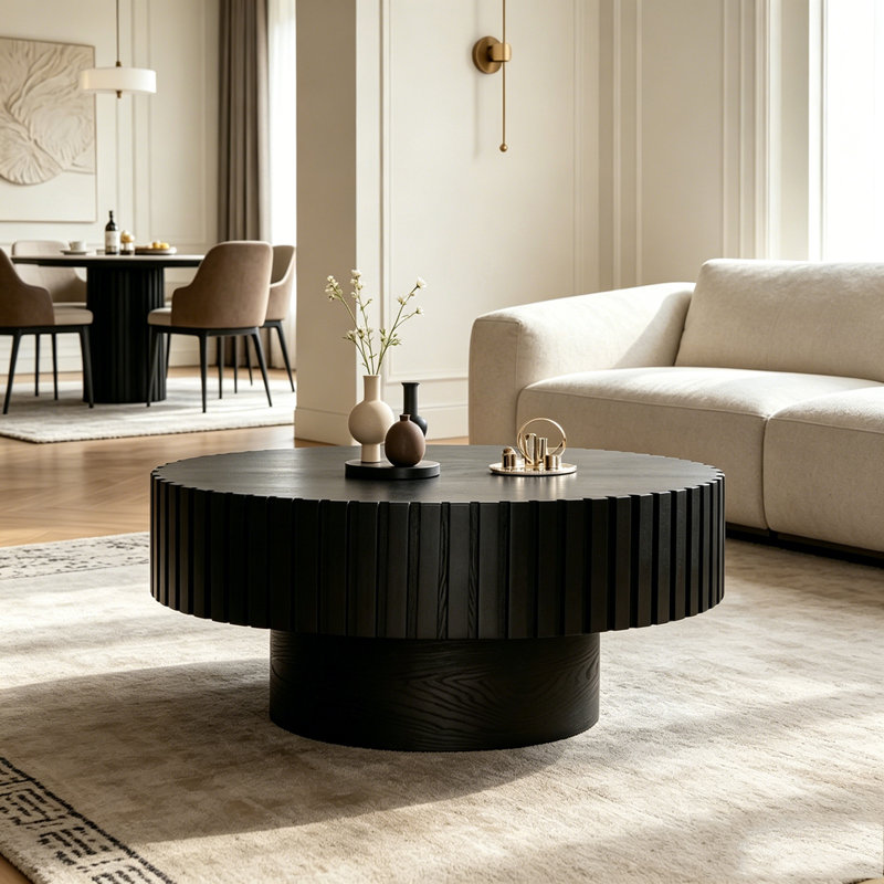 Table basse ronde, Noyer, noyer + noir