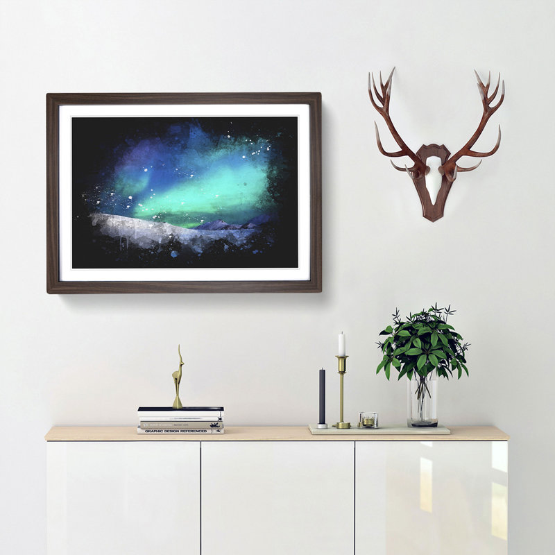 Aurora Borealis In Iceland Paint Splash - Framed Print, 24cm H x 33cm W x 2cm D, Walnut