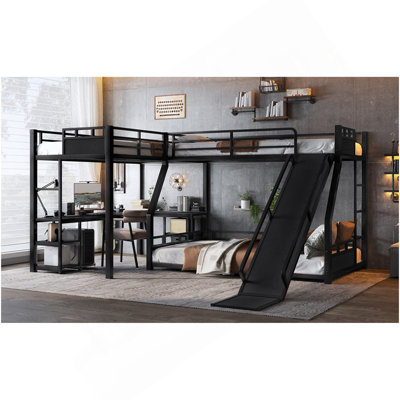 Lit superposé en L en forme de L (lit supérieur: simple TG, lit inférieur: grand) avec lit mezzanine simple TG, bureau et tablettes de rangement. Lit superposé triple en métal avec glissière, conception compacte et silencieuse