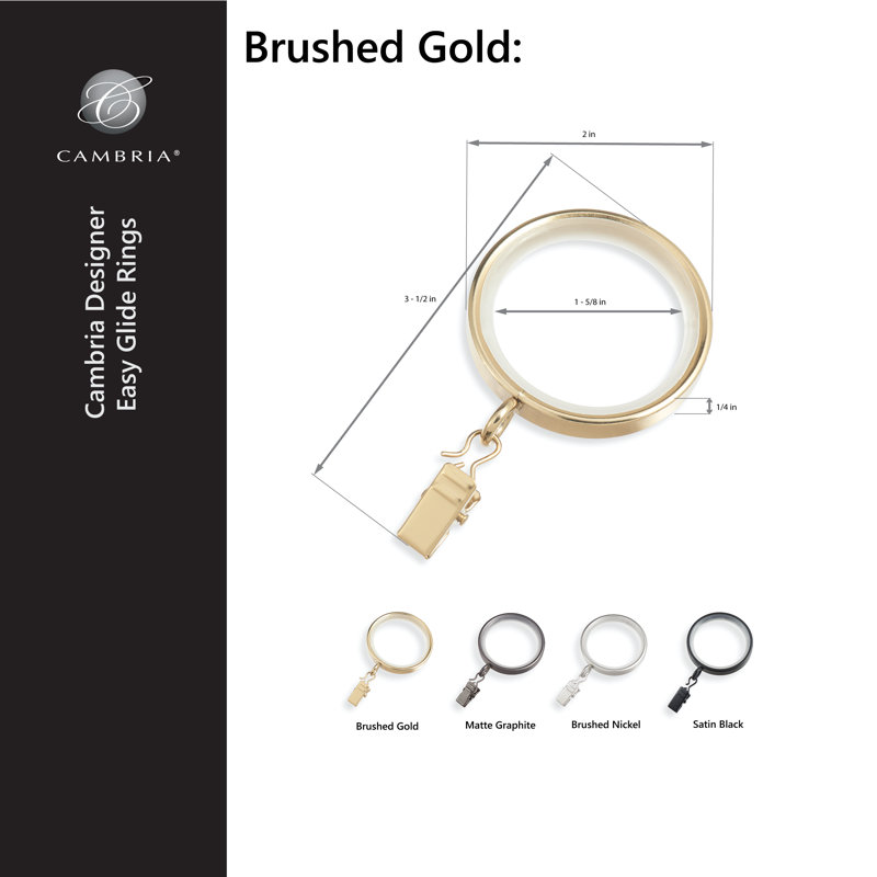 Brushed Gold 2-Inch Metal Curtain Rings with Clips, Set of 18