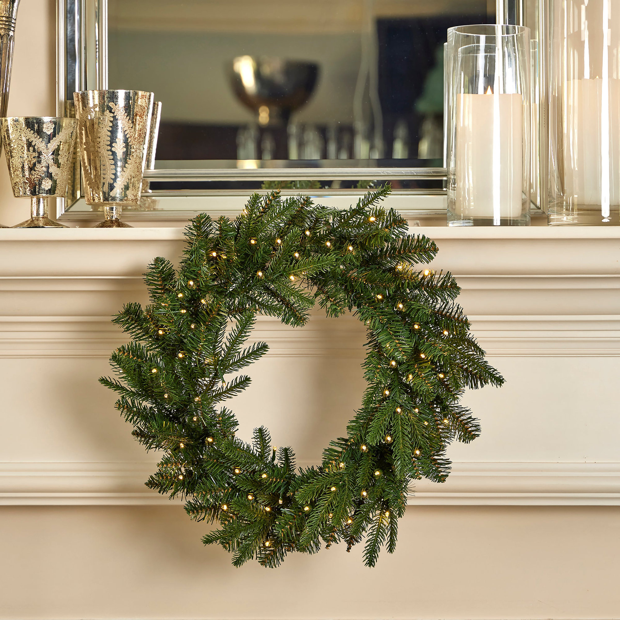Kristara Pine 24 Artificial Christmas Wreath, Pre-lit, 50 Dual LED Lights w/ 9 functions (Battery-Operated)