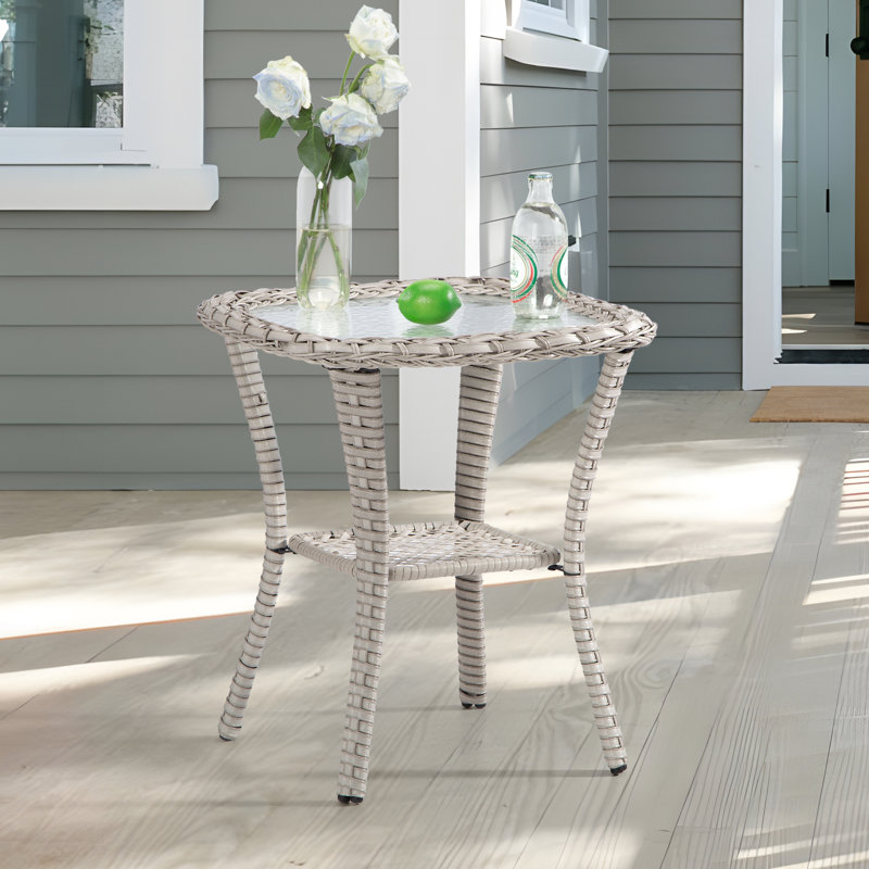 Outdoor Square Wicker Rattan Side Table With Built-In Glass, Light Gray