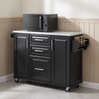 51 Inch Rolling Kitchen Island with Drop Leaf and Trash Can Cabinet