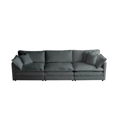 3 revêtus de chenille gris de style Mid-Century moderne, 3 coussins avec accoudoirs, fabrication en bois massif, canapé confortable pour le salon, base, tissu respirant, coussins inclus, supérieur