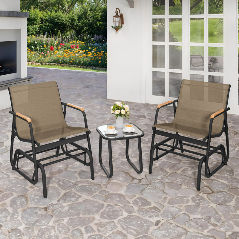 Ensemble de fauteuil oscillant carré pour 2 personnes avec table en verre trempé Lagroue, Beige