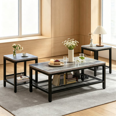 Modern Farmhouse Coffee Table Set Of 3, Rectangular Coffee Table With 2 Square End Side Tables, 2-Tier Living Room Table Set With Metal Frame & Open Shelf For Office, Apartment, Home