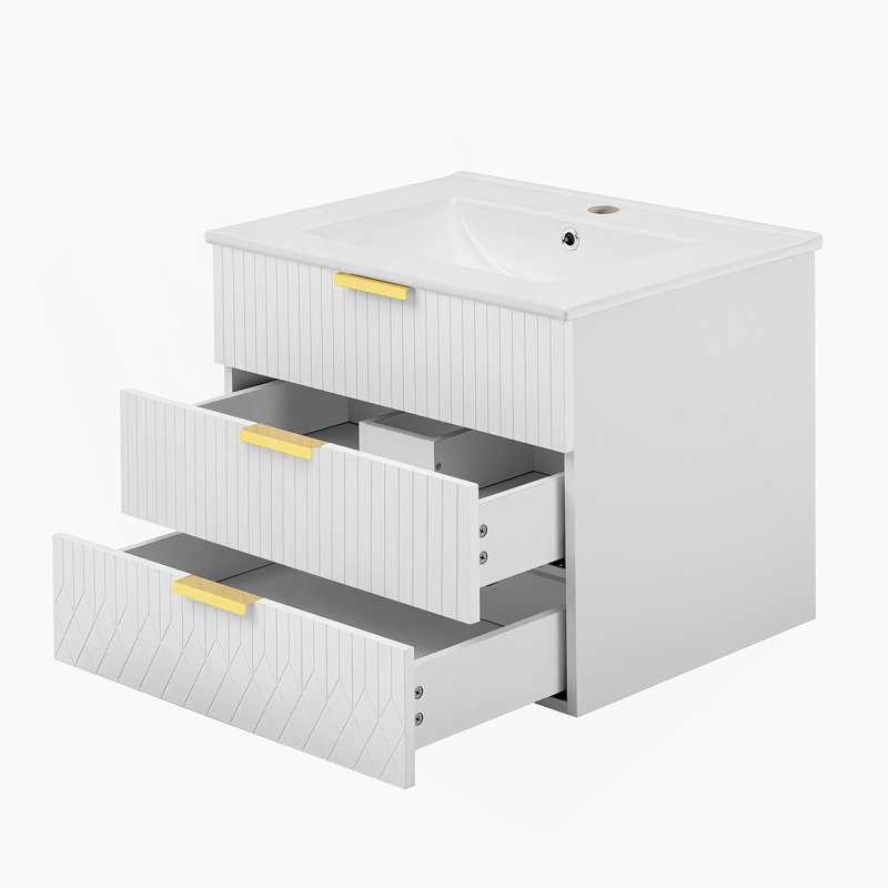 Armoire murale suspendue 24 po avec tiroir double, petit lavabo de salle de bain rectangulaire flottant avec trou de robinet simple et trop-plein, armoire de salle de bain moderne avec lavabo en céramique