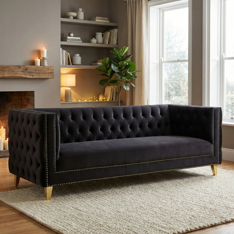 Luxe Velvet Sofa 86" , Assembled , Black Velvet