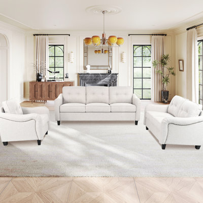 3 Piece Modern And Chair For Living Room, Soft Fabric, High - Dense Sponge, Pocket Springs, Removable Backrests, Beige Furniture Apartment, Sponge Filled, Built In Easy Clean Zipped Cushions, 6 Seats