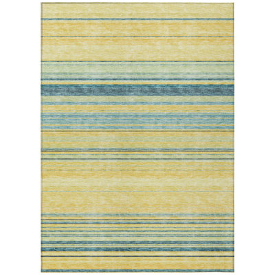 9' X 12' Yellow Denim Blue And Sky Blue Striped Washable Indoor Outdoor Area Rug